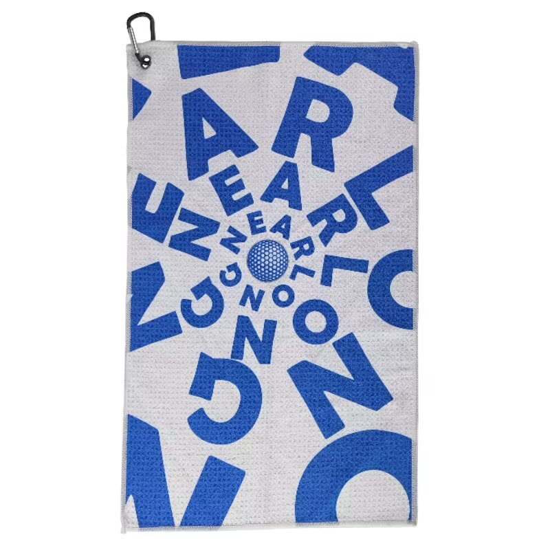 Custom waffle golf towel with blue logo print and grommet