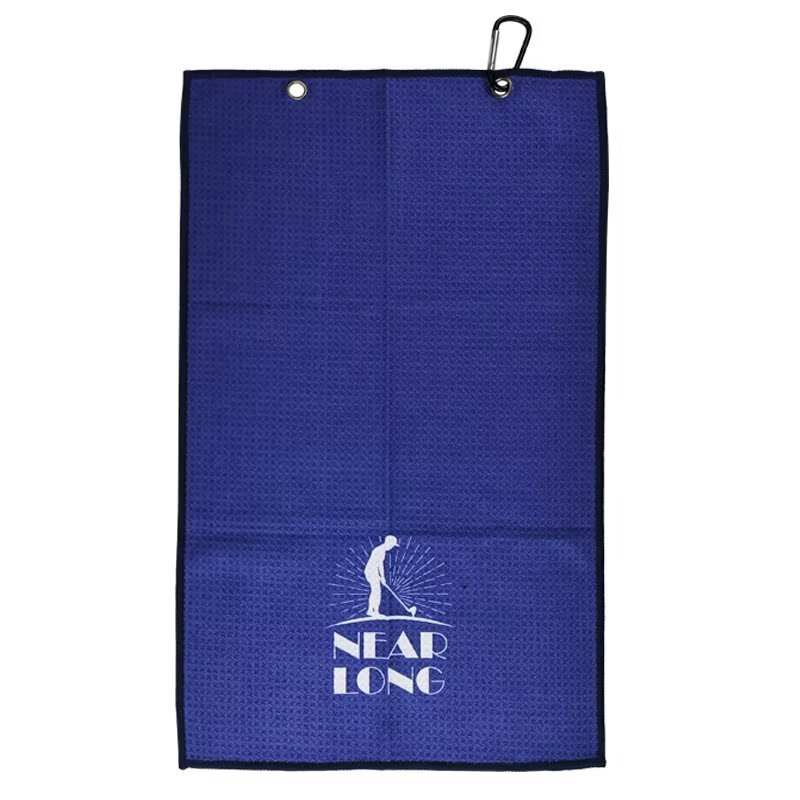 Golf towel for golf bag with custom logo, grommets and clip