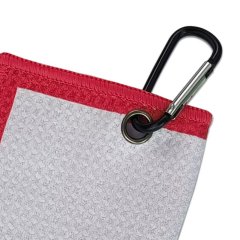 Golf towel with carabiner clip and reinforced metal grommet