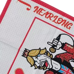 Custom printed golf towel with colorful playing-card character artwork
