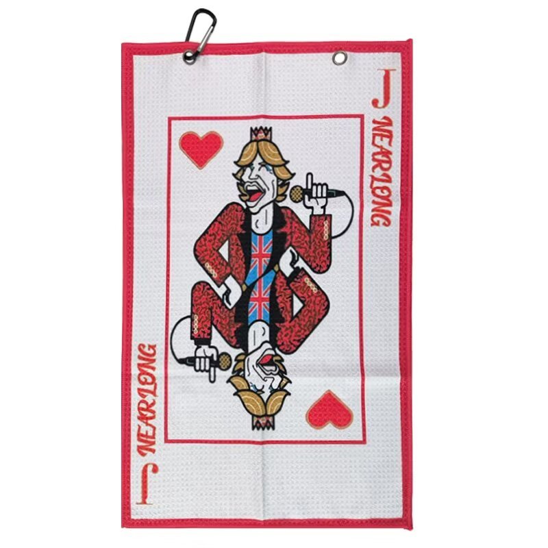 Funny golf towel with custom playing-card artwork and clip