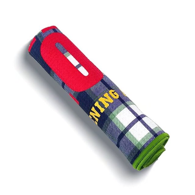 Rolled promotional golf towel with plaid pattern and custom branding