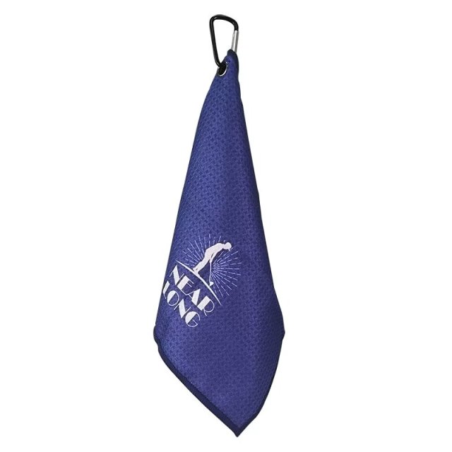 Folded golf bag towel with carabiner clip and custom log