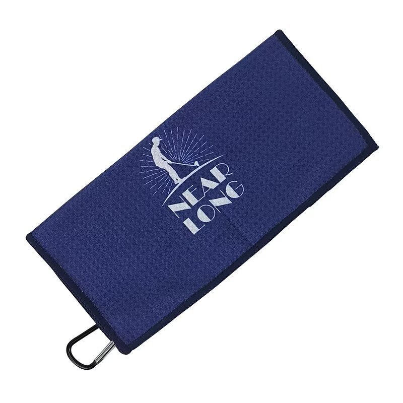 Hanging golf bag towel with logo and carabiner attachment