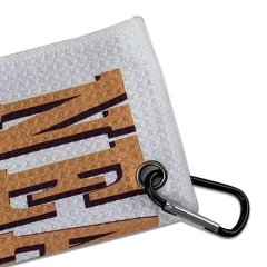 Golf towel with carabiner clip and reinforced metal grommet