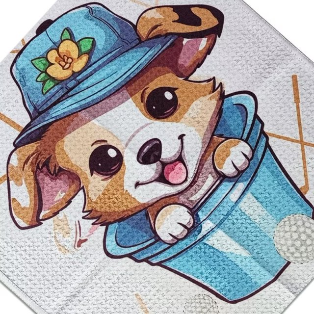 Custom printed golf towel with colorful dog golf artwork