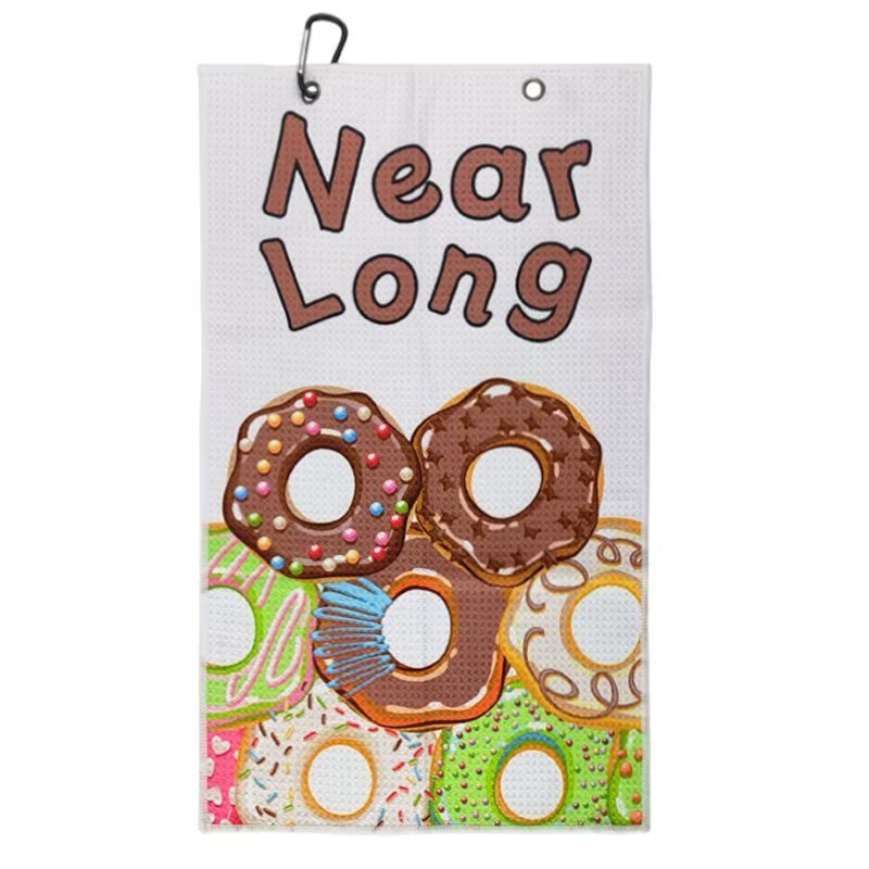 Personalized golf towel with colorful donut print and custom name