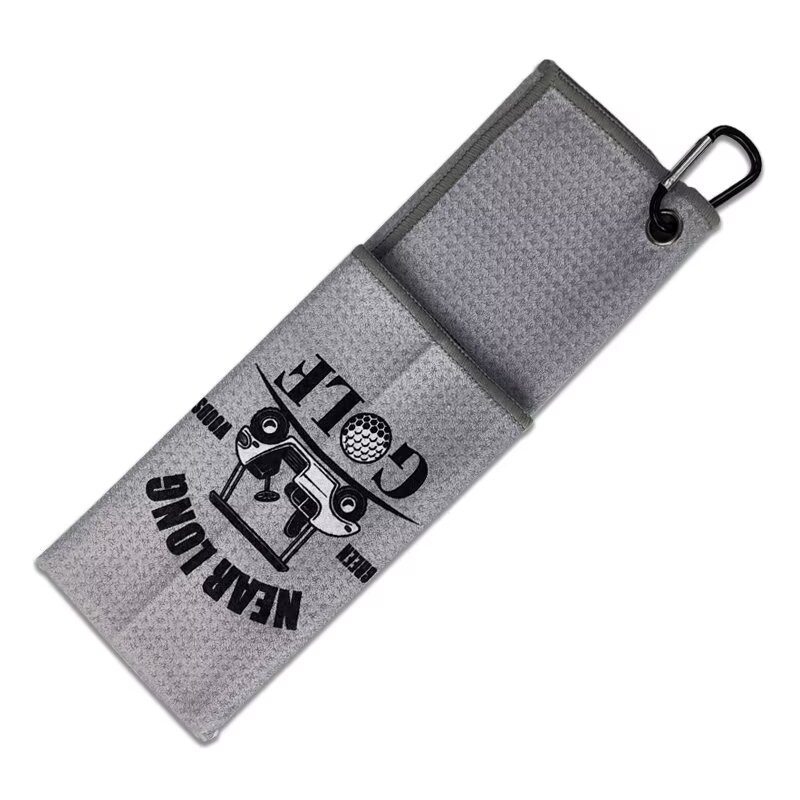 Folded golf bag towel with hook, grommet and custom logo