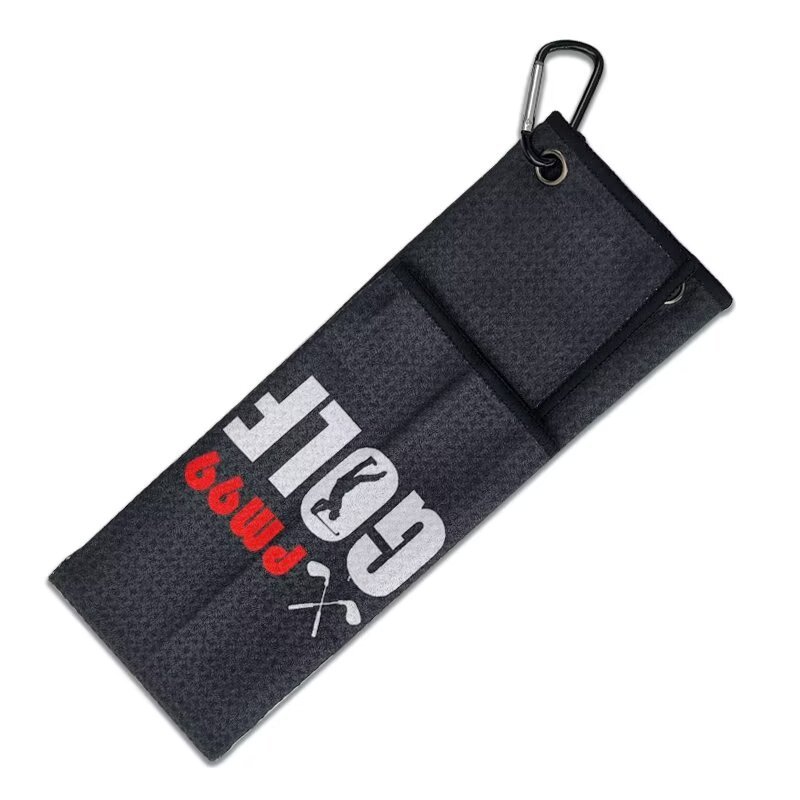 Folded golf bag towel with grommet clip and custom logo