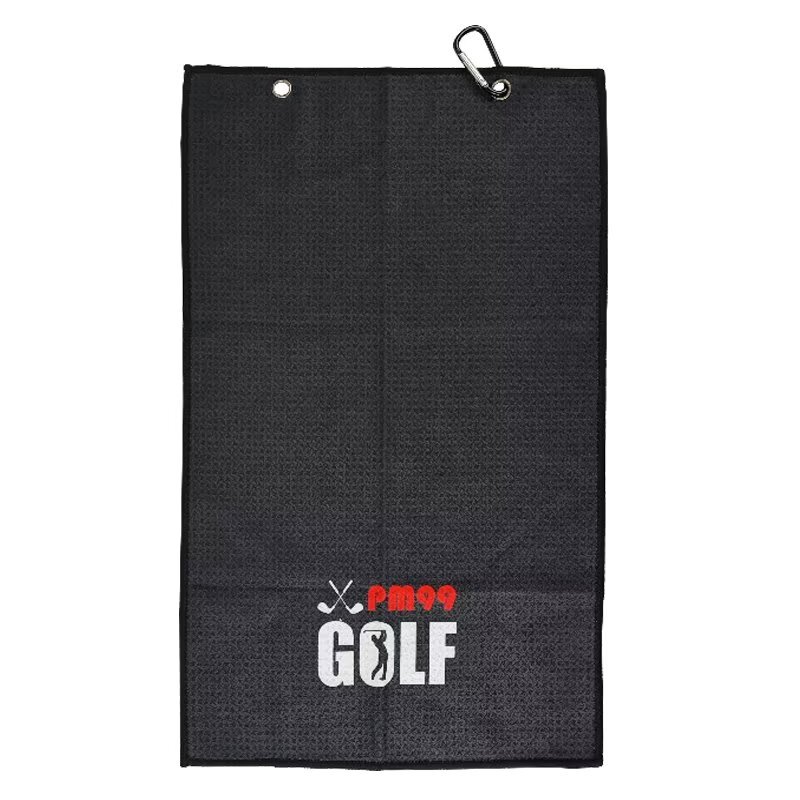 Golf towel with grommet, carabiner clip and custom PM99 logo