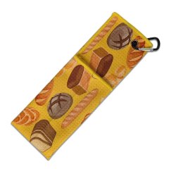Custom printed golf towel with bakery pattern and carabiner clip