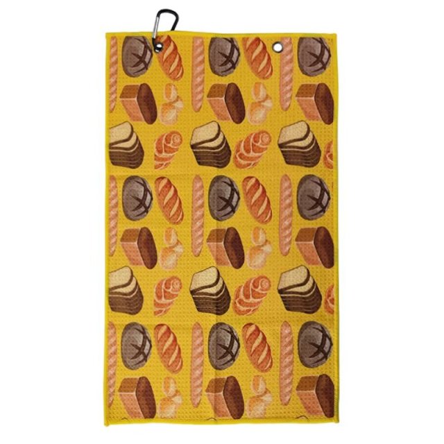 Custom pattern golf towel with yellow bakery print and clip