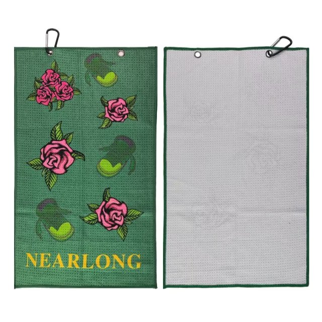 Branded golf towel front and reverse with custom floral pattern
