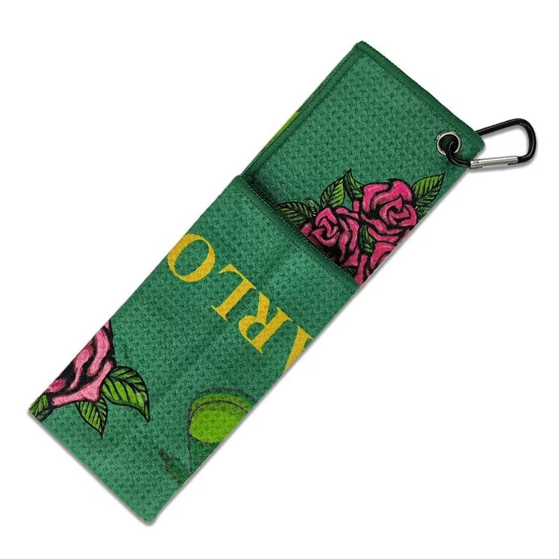 Branded golf bag towel with floral pattern and carabiner clip