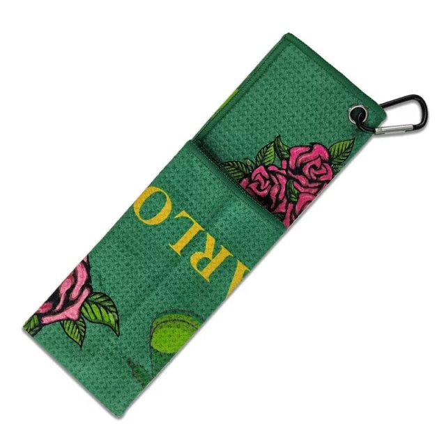 Branded golf bag towel with floral pattern and carabiner clip