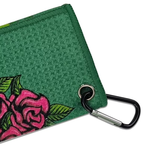 Golf towel with carabiner clip and reinforced metal gromme
