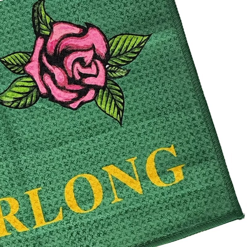 Custom pattern golf towel with pink rose artwork and brand name