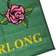 Custom pattern golf towel with pink rose artwork and brand name