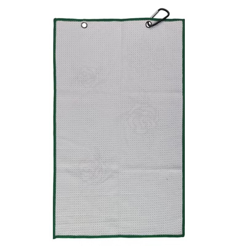 Textured branded golf towel reverse with dual metal grommets