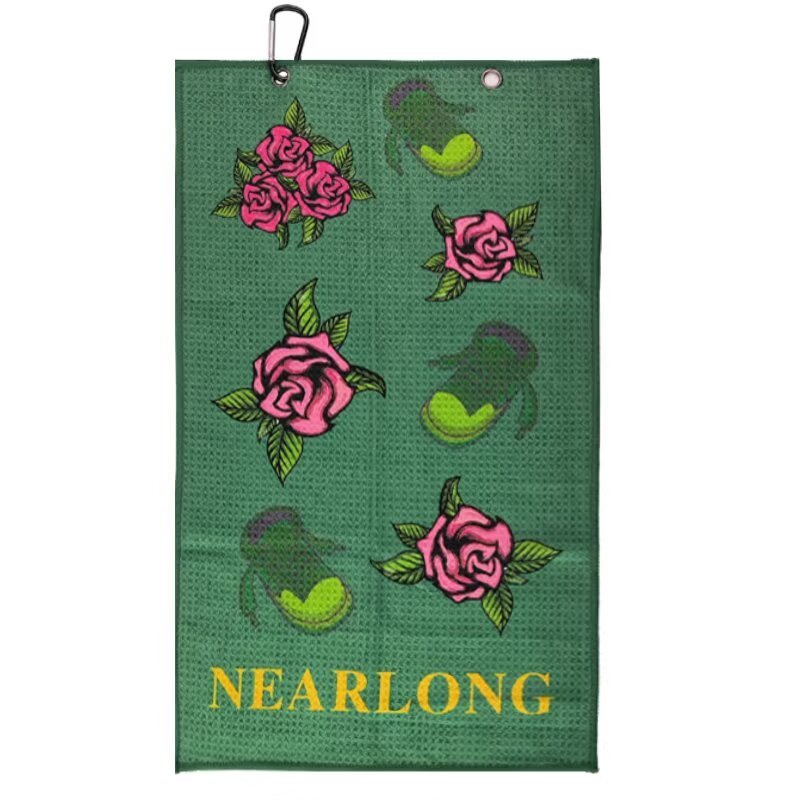 Branded golf towel with green floral rose print and clip