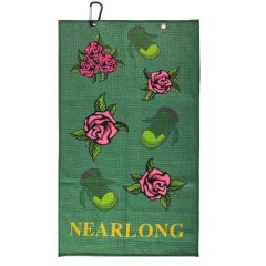 Branded golf towel with green floral rose print and clip
