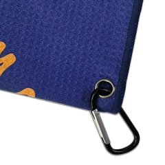 Golf towel with carabiner clip and reinforced metal grommet