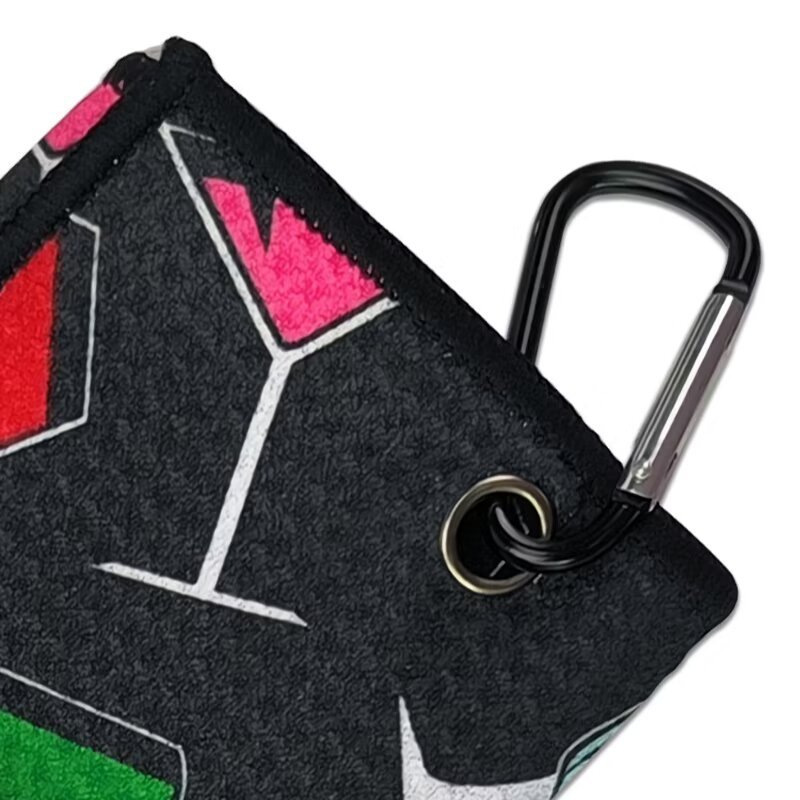 Golf towel with carabiner clip and reinforced metal grommet