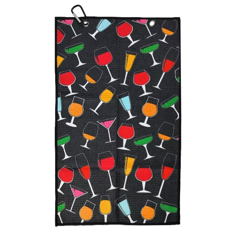 All-over print golf towel with colorful cocktail glass pattern