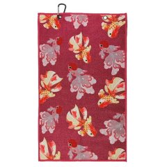 Printed golf towel with colorful goldfish pattern and clip