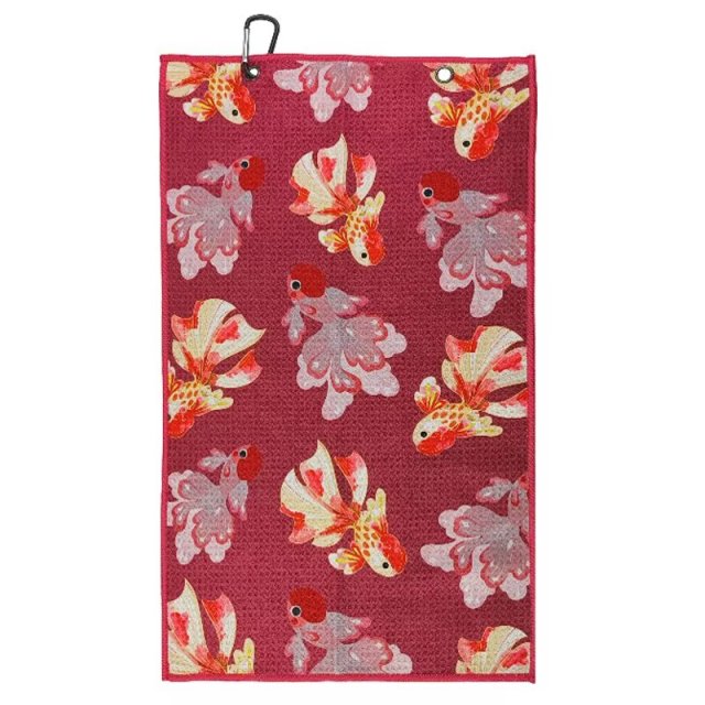 Printed golf towel with colorful goldfish pattern and clip