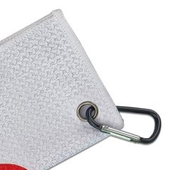 Golf towel with carabiner clip and reinforced metal grommet