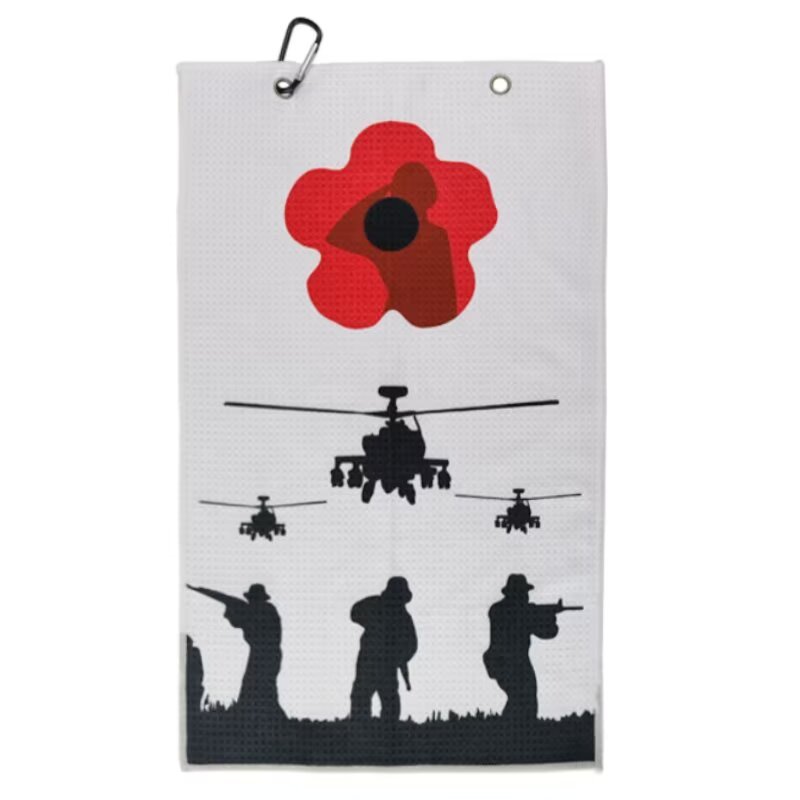 Military golf towel with remembrance poppy and carabiner clip