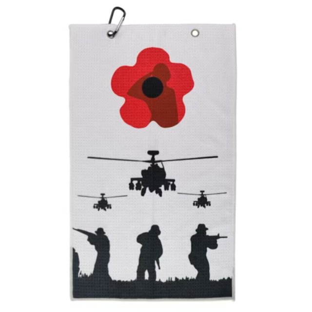 Military golf towel with remembrance poppy and carabiner clip