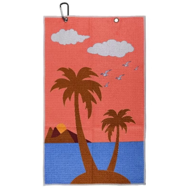 Private label golf towel with tropical palm tree print and clip