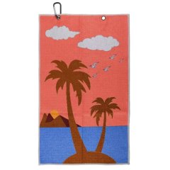 Private label golf towel with tropical palm tree print and clip