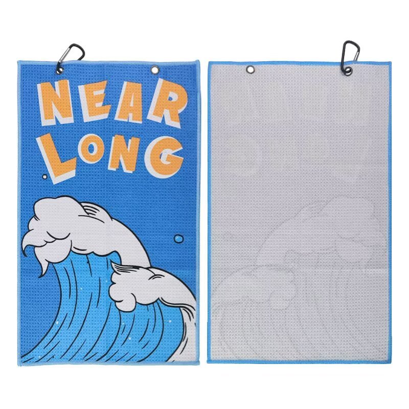 Custom printed golf towel front and textured reverse with clip