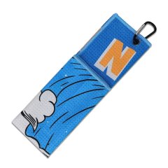 Golf towel for golf bag with blue wave print and carabiner clip