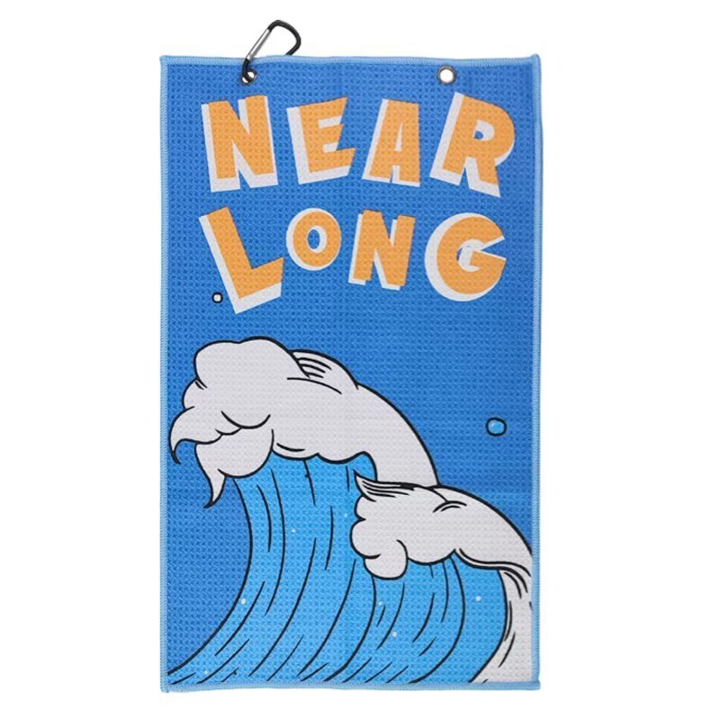 Custom golf towel with blue wave graphic and golf bag clip