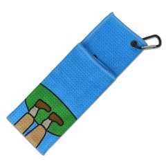 Golf towel for golf bag with clip and golfer artwork