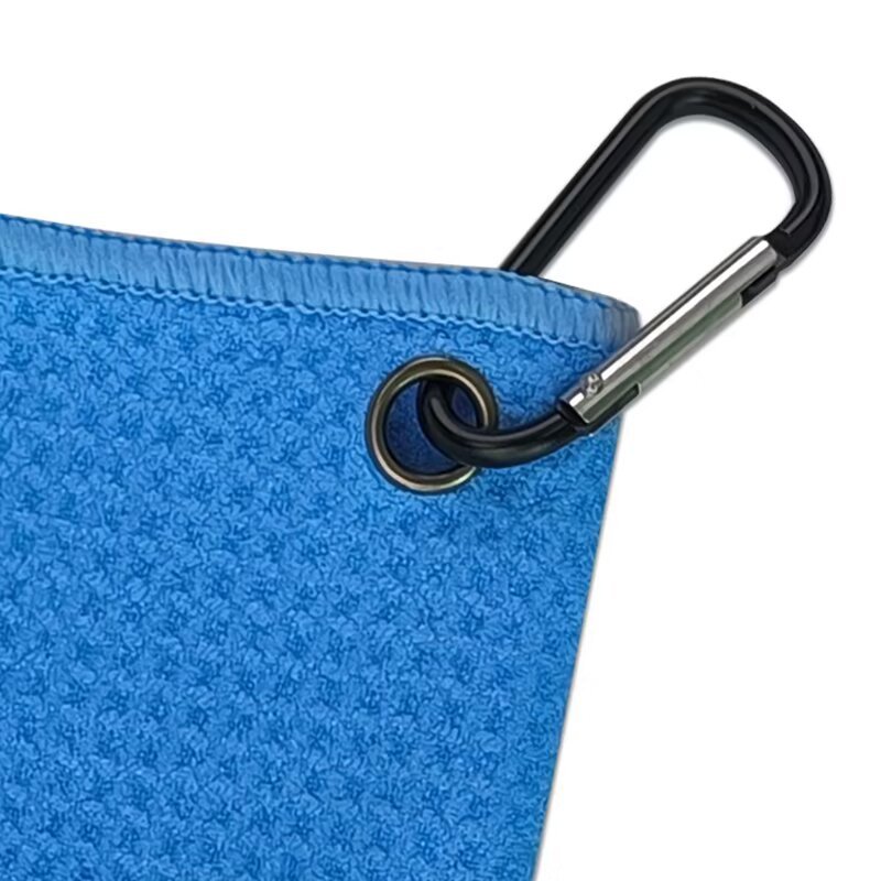 Golf towel with carabiner clip and reinforced metal grommet