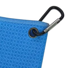 Golf towel with carabiner clip and reinforced metal grommet