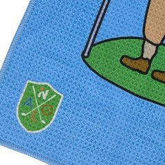 Printed golf towel with golfer and golf flag graphic