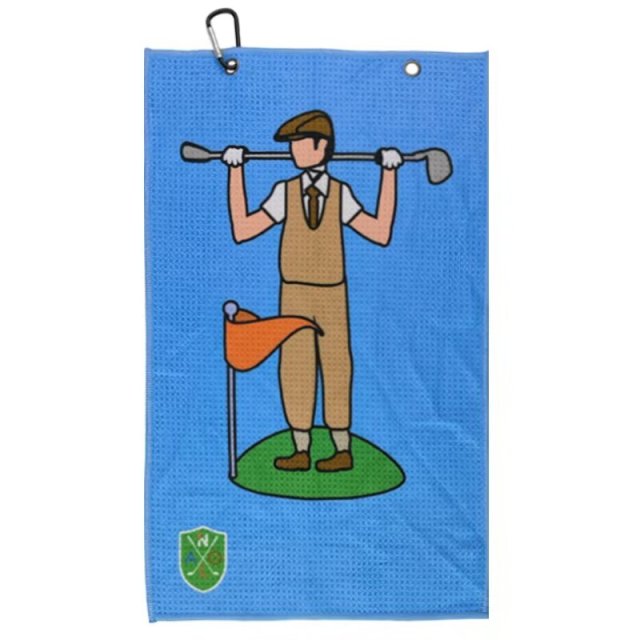 Golf towel with clip and blue golfer illustration