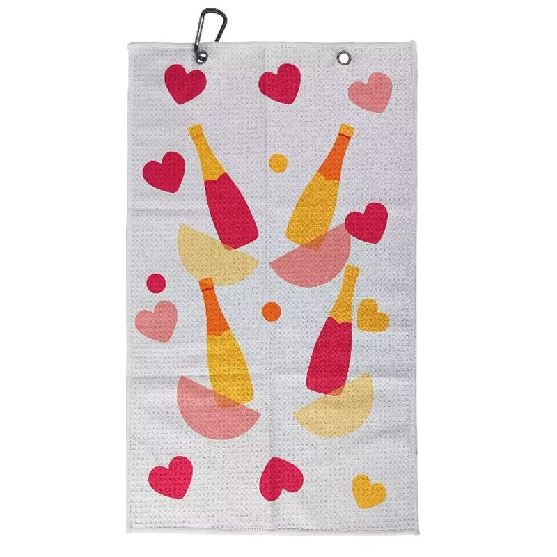 Golf towel for women with champagne bottle and heart print