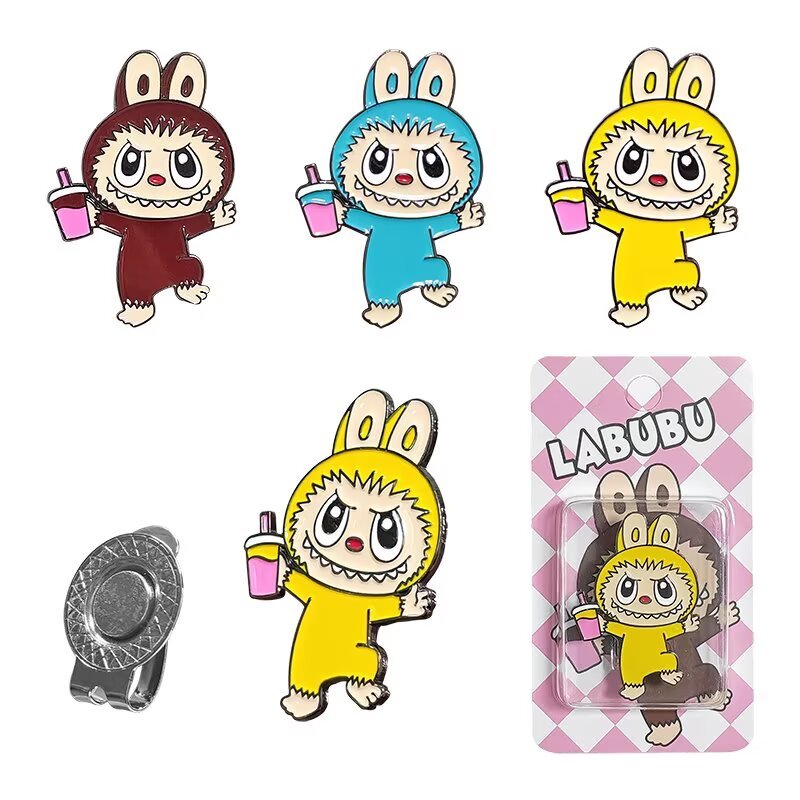 Character golf ball markers with hat clip in three custom colors and retail display packaging