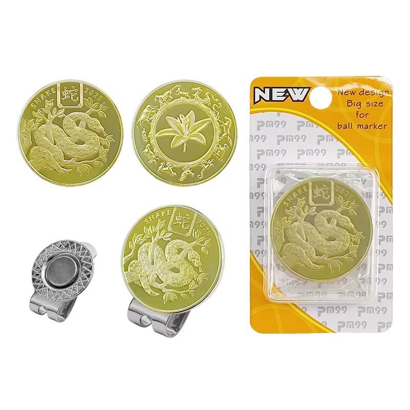 Custom magnetic golf coin marker hat clip with engraved metal marker and retail packaging