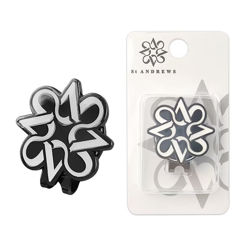 White custom magnetic golf ball marker clip with metal logo marker and retail packaging