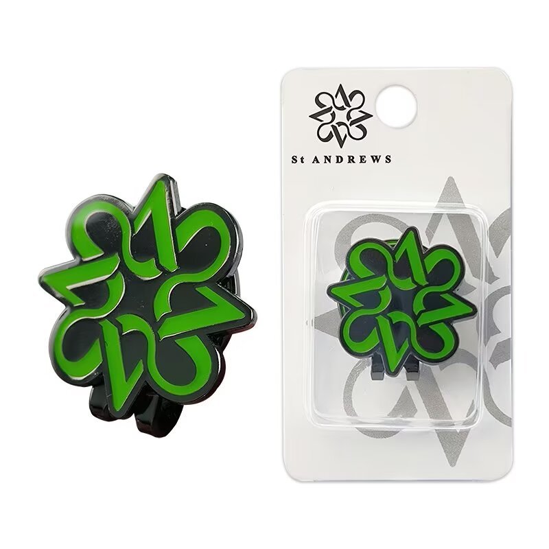 Green custom metal golf ball marker with magnetic golf hat clip and retail packaging