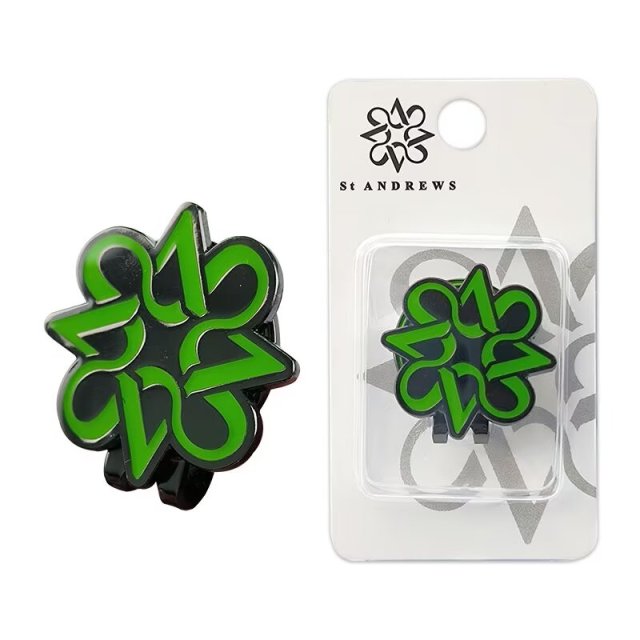 Green custom metal golf ball marker with magnetic golf hat clip and retail packaging