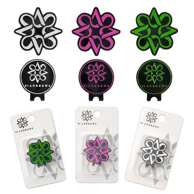 Custom logo golf ball markers with magnetic hat clip and branded retail packaging